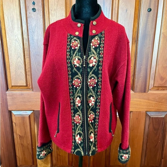 Icelandic Design Wool Women's red Cardigan Zip Sweater Sz L Raised Embordiery - Picture 1 of 10